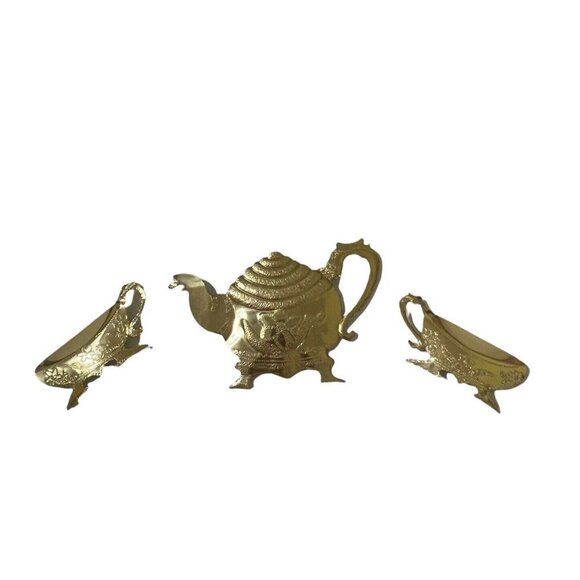 Home Interiors Brass Metal Teapot & Teacups Wall Hanging Set Of Three Vintage - Picture 1 of 6